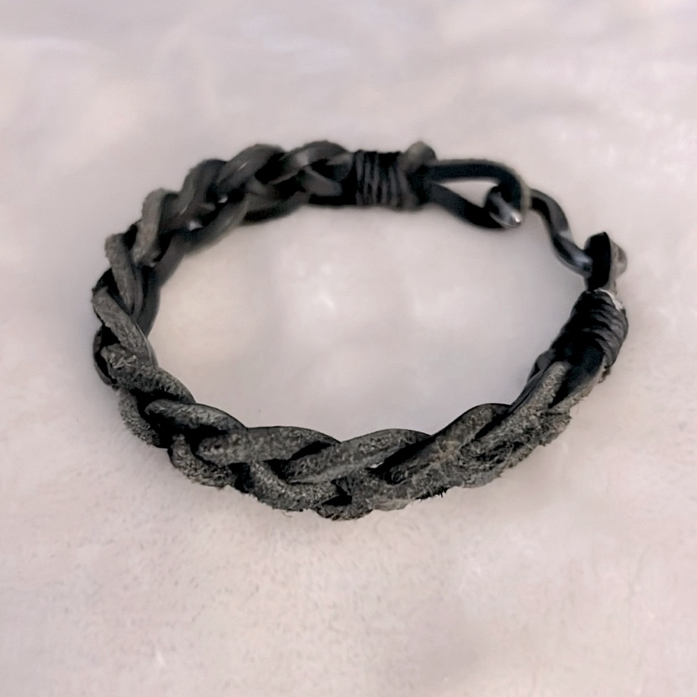 8” BRAIDED BLACK LEATHER BRACELET WITH SILVER METAL HOOK CLOSURE Men’s or Unisex